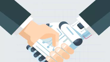 Illustration of a handshake between a human hand and a robotic hand.