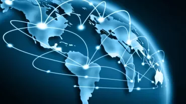 Digital world map with glowing connection lines.