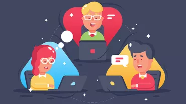 Illustration of three people video conferencing on laptops.