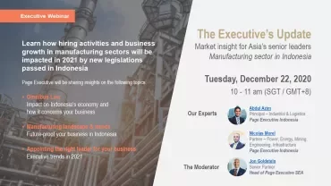 Webinar announcement for the manufacturing sector in Indonesia, discussing 2021 legislation impacts.