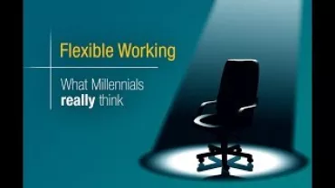 Office chair spotlighted with text about millennials' views on flexible working.