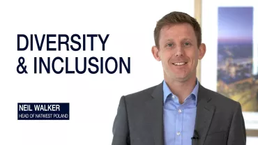 Person in a suit smiling with 'Diversity & Inclusion' text.