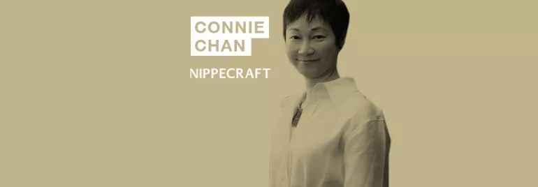 Person in a white shirt with short hair, text reads 'Connie Chan Nippecraft' on a beige background.