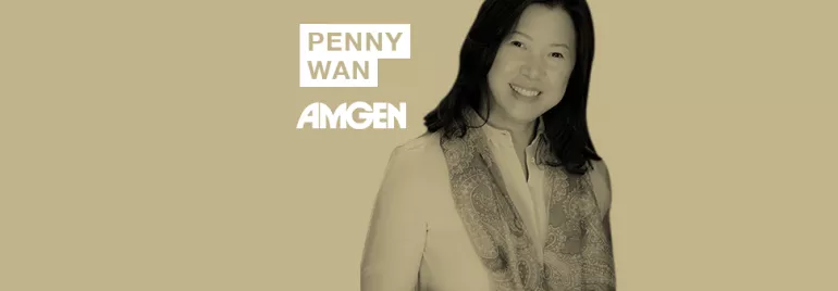Person smiling with the text 'Penny Wan Amgen' in the background.