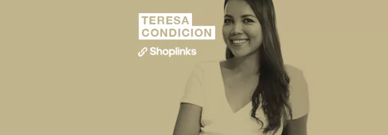 Person smiling and sitting with 'Teresa Condicion' and 'Shoplinks' text.