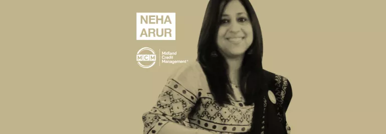 Smiling person in patterned attire, text beside reads 'Neha Arur', 'MCM', and 'Midland Credit Management'.