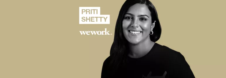 A person smiling with the text 'Priti Shetty, wework' on a beige background.