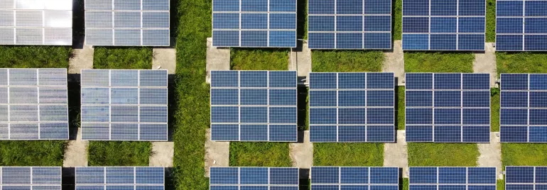 Aerial view of a solar panel field with grass between rows.