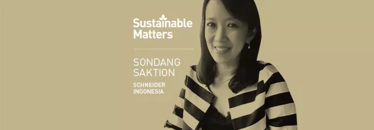 Smiling person wearing striped outfit with 'Sustainable Matters' text.