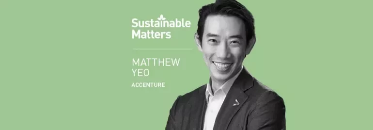 Person smiling in a suit on a green background with the text 'Sustainable Matters' and 'Accenture'.