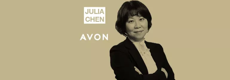 Person standing with arms crossed, text reads 'Julia Chen' and 'Avon'.