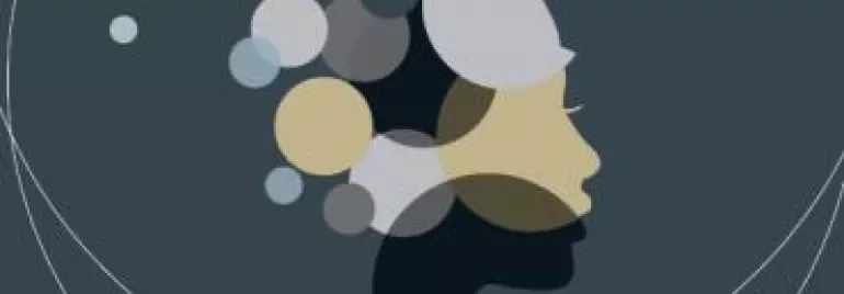 Abstract profile silhouette with overlapping circles on a dark background.