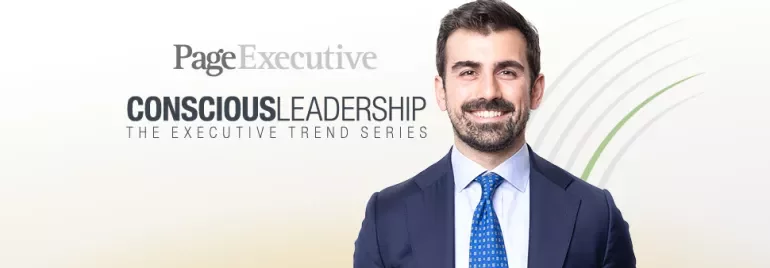 Smiling person in business attire, 'Conscious Leadership' text behind.
