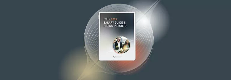 Cover of Italy 2024 Salary Guide and Hiring Insights with abstract design in background.