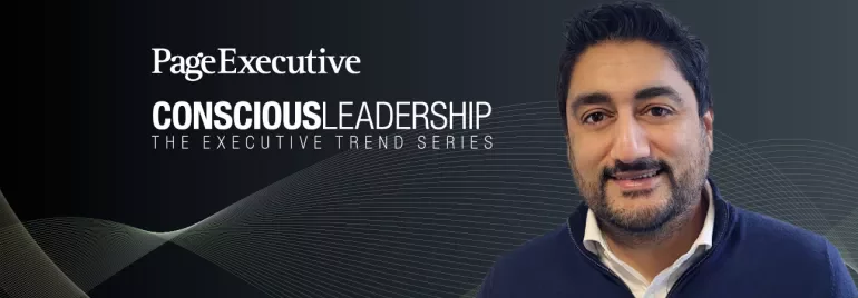 Page Executive: Conscious Leadership series with person smiling against a dark wavy background.