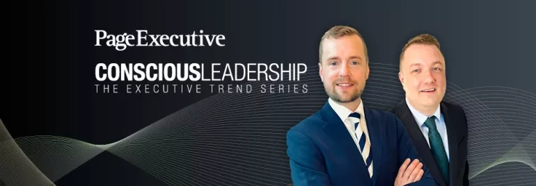 Two people in suits with 'Conscious Leadership' text overlay.
