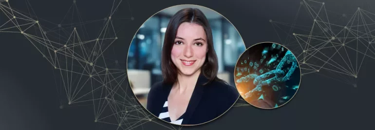 Person smiling with a network-themed background.