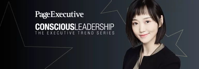 Person smiling in front of Conscious Leadership text and star graphics.