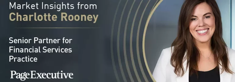 Promotional graphic showing a person standing beside text about market insights for financial services.