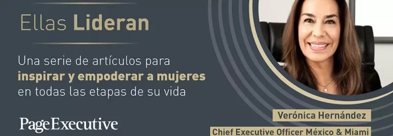 Promotional graphic with the text ‘Ellas Lideran’ and a person seated beside the article information.