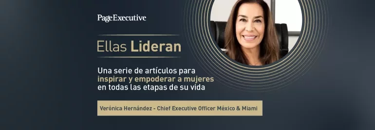 Promotional graphic with the text ‘Ellas Lideran’ and a person seated beside the article information.