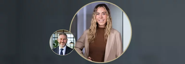 Two portrait photos displayed inside overlapping circular frames on a dark background.