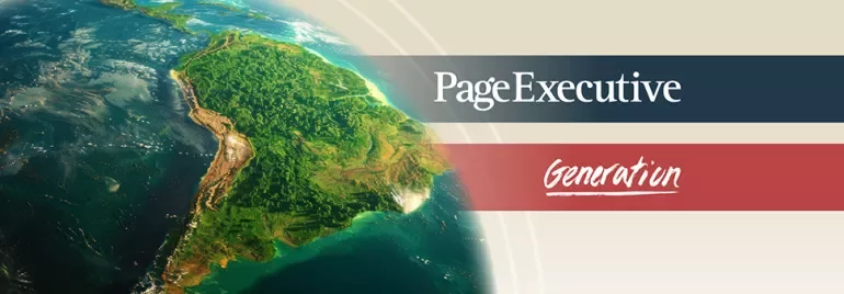 View of South America from space with PageExecutive and Generation branding overlays.