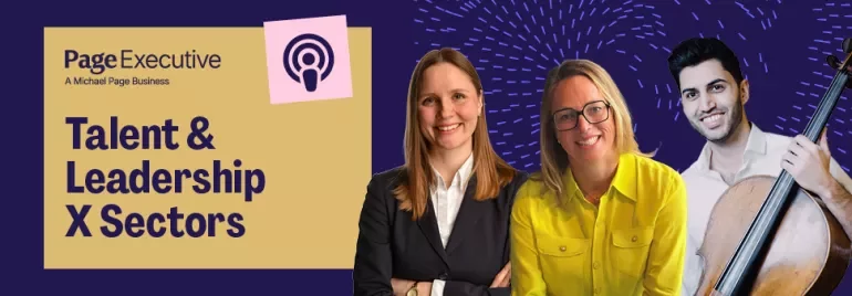 Banner promoting a Talent & Leadership podcast, featuring three professionals and a musical instrument.