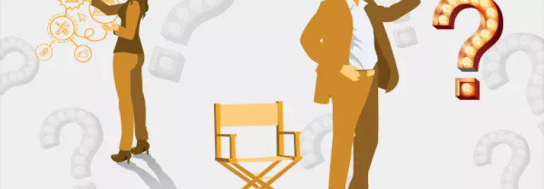 Illustration of two figures, a chair, and question marks in the background.