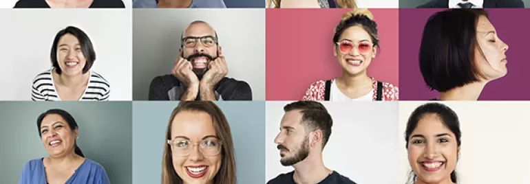 Collage of diverse people smiling against colorful backgrounds.
