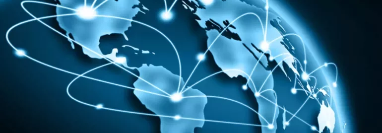 Digital world map with glowing connection lines.