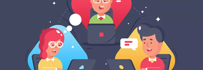 Illustration of three people video conferencing on laptops.