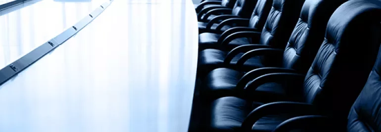 Long conference table with leather chairs arranged neatly.
