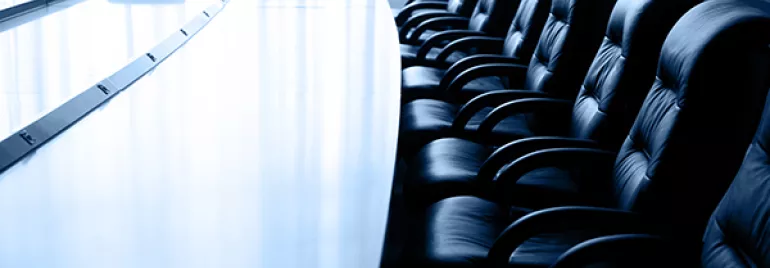 Long conference table with leather chairs arranged neatly.