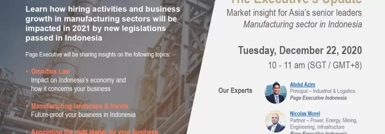 Webinar announcement for the manufacturing sector in Indonesia, discussing 2021 legislation impacts.