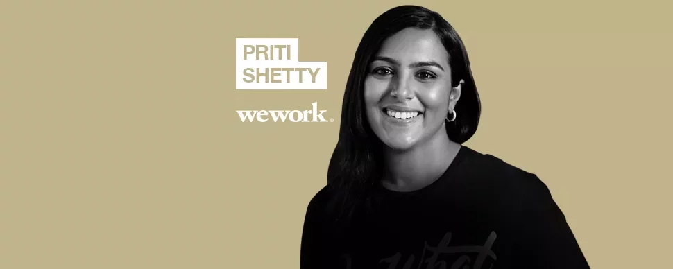 A person smiling with the text 'Priti Shetty, wework' on a beige background.