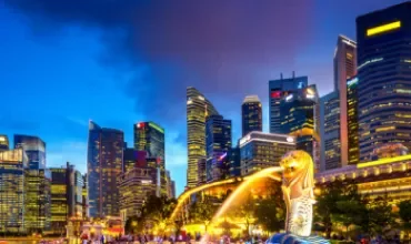 Night view of Singapore skyline with the Merlion statue and illuminated buildings.