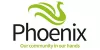 Phoenix logo with green abstract bird design and the slogan 'Our community in our hands.'
