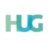 Logo with overlapping letters forming the word 'HUG' in green and blue.