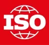ISO logo with the letters 'ISO' in white on a red background, featuring a stylized white globe with intersecting horizontal and vertical lines.