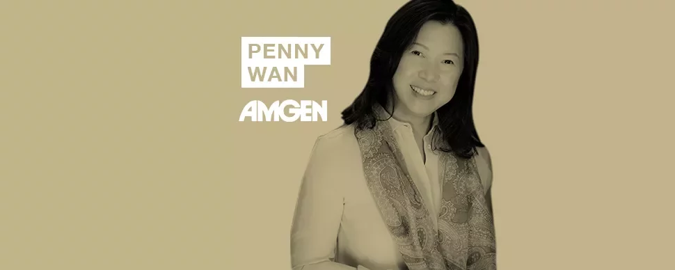 Person smiling with the text 'Penny Wan Amgen' in the background.