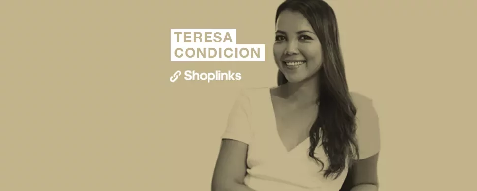 Person smiling and sitting with 'Teresa Condicion' and 'Shoplinks' text.