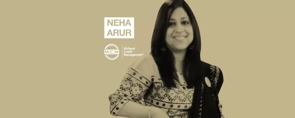 Smiling person in patterned attire, text beside reads 'Neha Arur', 'MCM', and 'Midland Credit Management'.