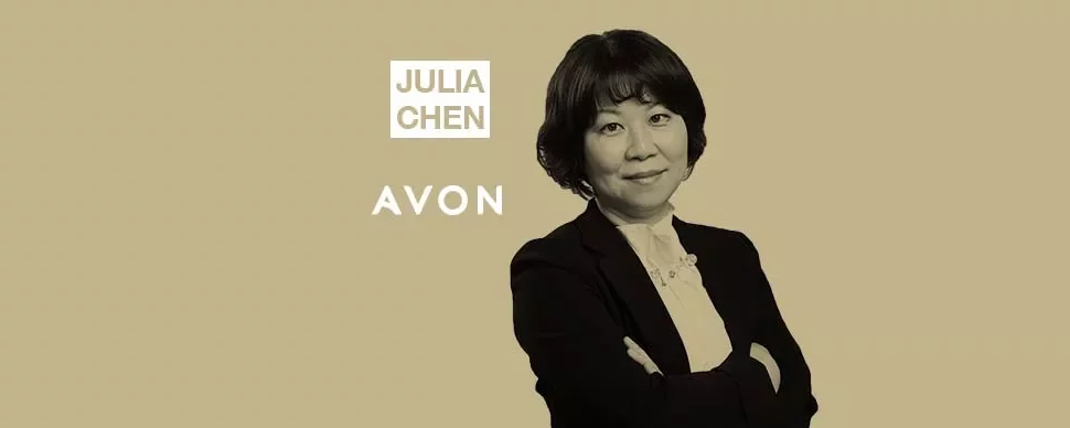 Person standing with arms crossed, text reads 'Julia Chen' and 'Avon'.
