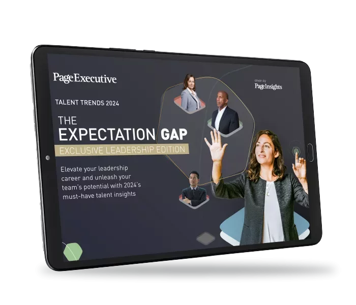 Tablet displaying 'The Expectation Gap' leadership edition by Page Executive.