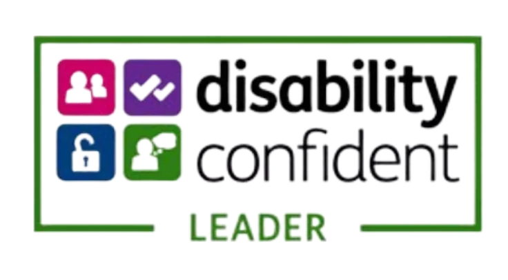 Disability Confident Leader badge with icons and text.