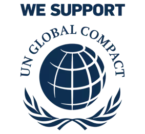 Logo reading 'We Support UN Global Compact' with a globe and olive branches.
