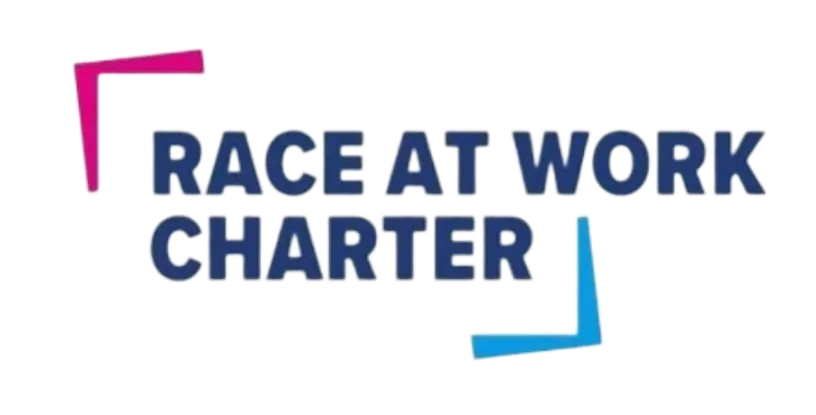 Logo of Race at Work Charter with colored brackets