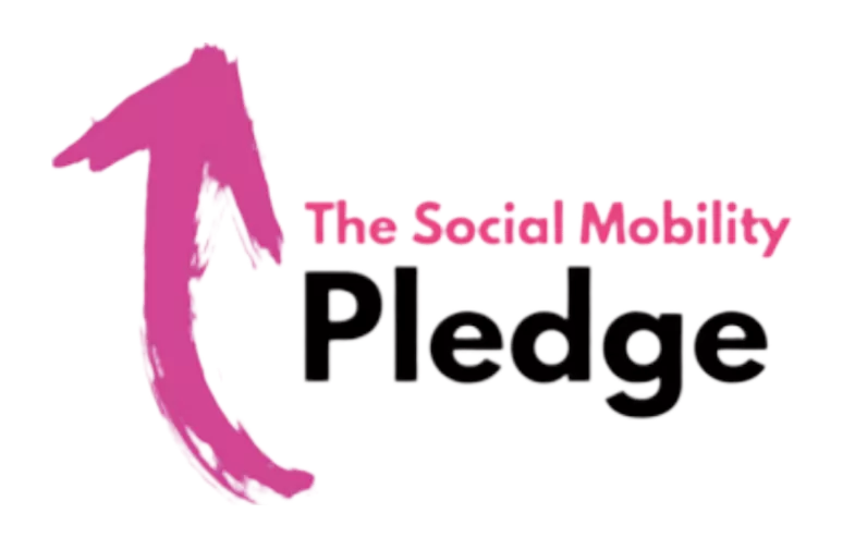 Logo with a pink brushstroke arrow and the words 'The Social Mobility Pledge'.