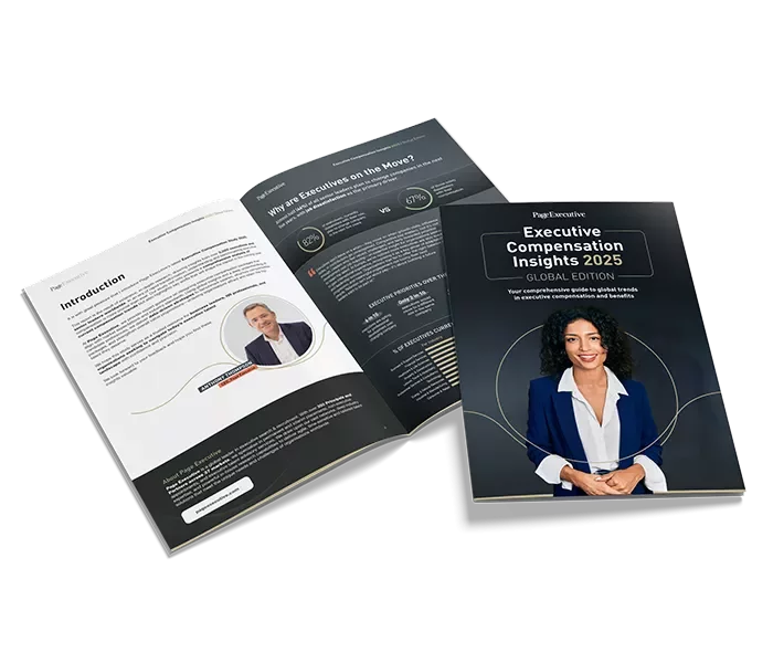 Executive Compensation Insights cover report with a consultant smiling